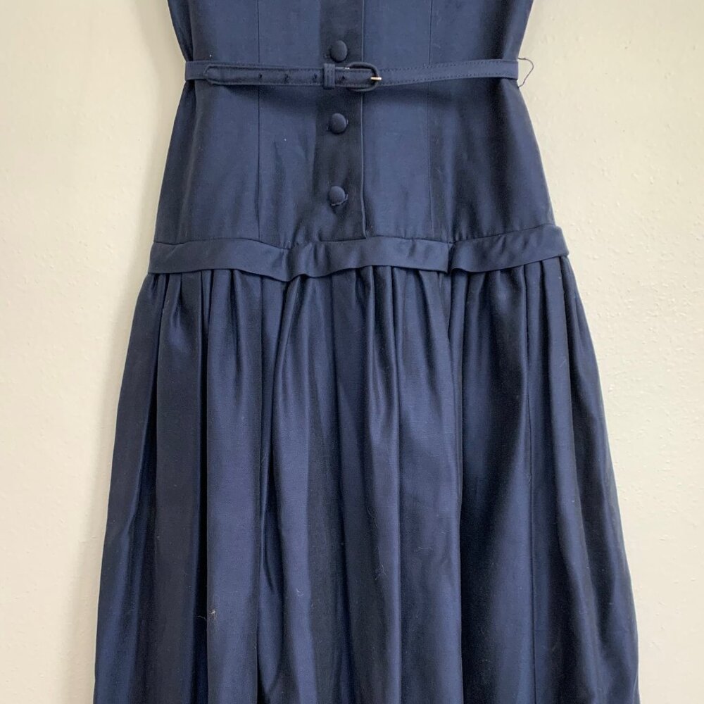 Vintage 50s Navy Belted Party Dress Cocktail Fitted Size XSmall Rockabilly - Picture 4 of 9